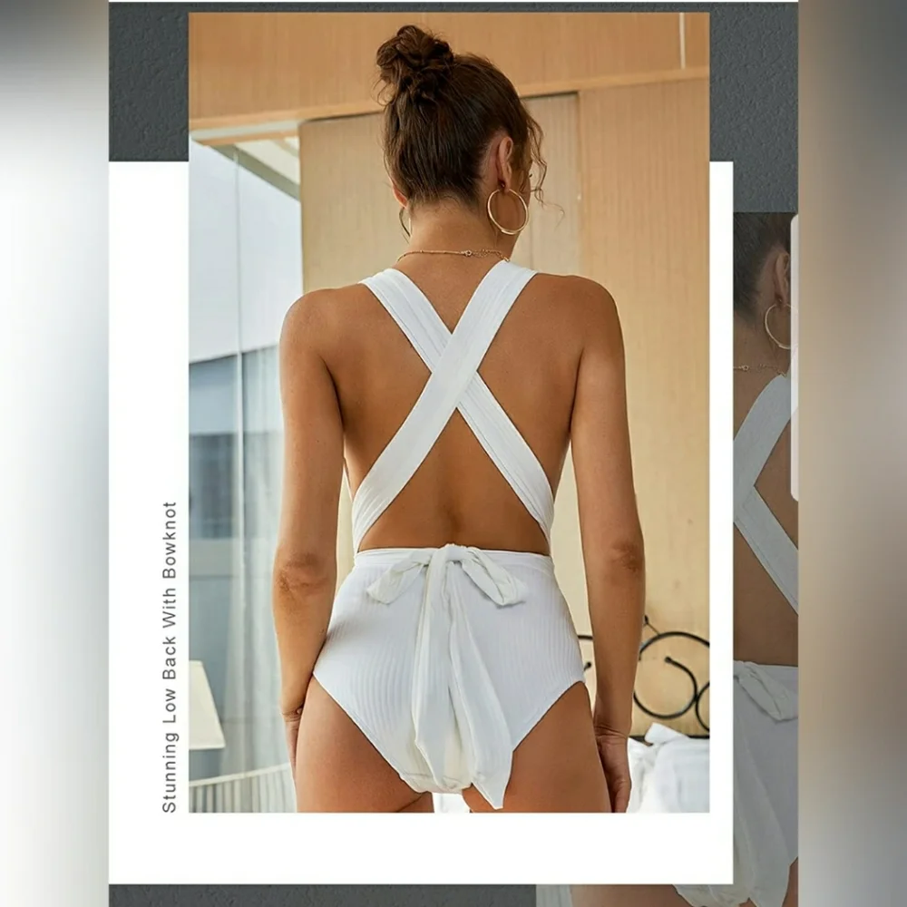 🐬 Women One Piece White Swimsuits, High Waitsted - Picture 3 of 5